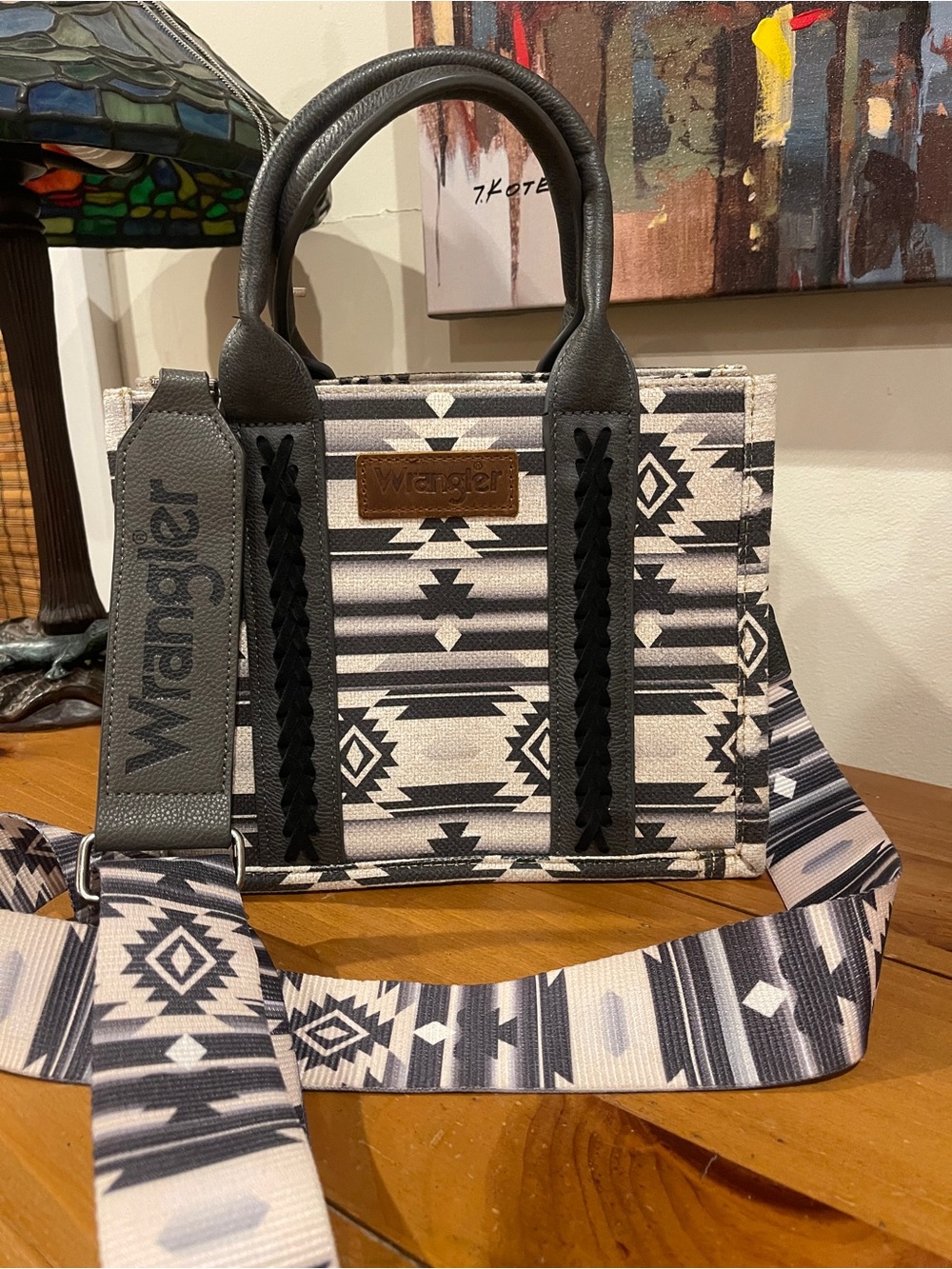 Wrangler Montana West Black, Grey & White Aztec Satchel with detachable  Strap